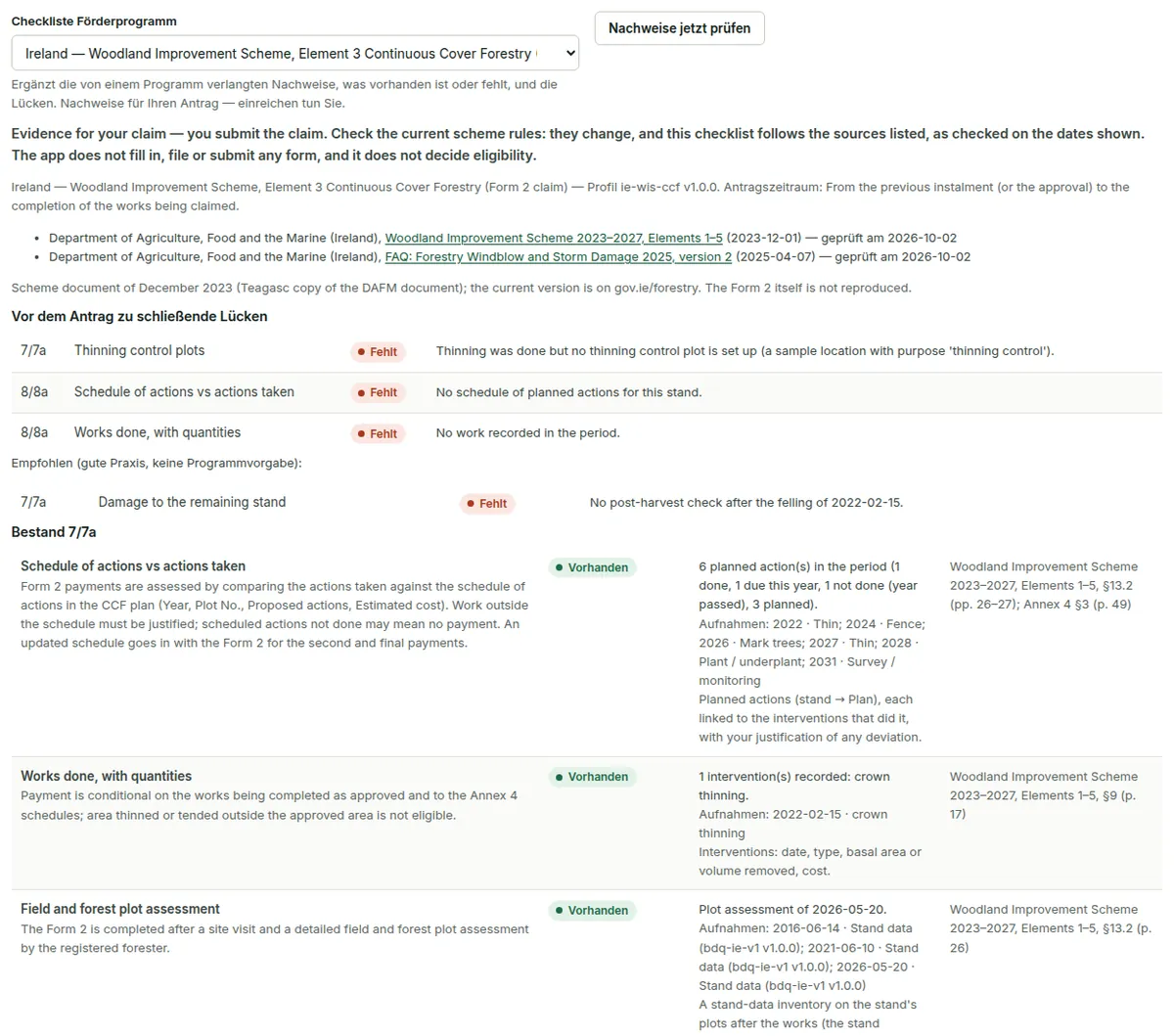 Nachweise für Förderzahlungen mit der Checkliste des Programms WIS CCF: jeder vom Programm verlangte Punkt mit Status vorhanden, teilweise, fehlt oder außerhalb der App, seiner Quelle und den Lücken.