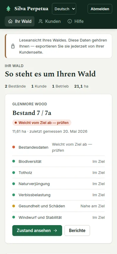 Die Startseite der Waldbesitzenden auf einem Telefon.