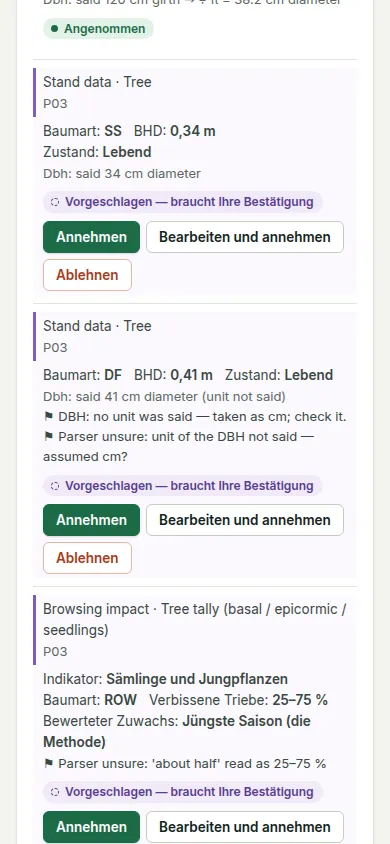 Sprachvorschläge auf einem Telefon: jede vorgeschlagene Aufnahme ist eine Karte mit ihren Werten und Annehmen, Bearbeiten und annehmen und Ablehnen.