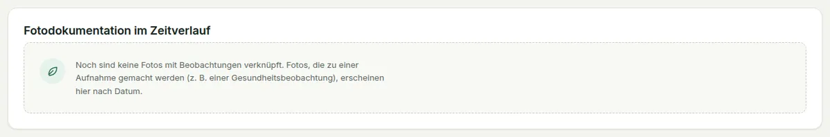 Die Fotodokumentation über die Zeit, nach Datum gruppiert, mit Themenfilter.