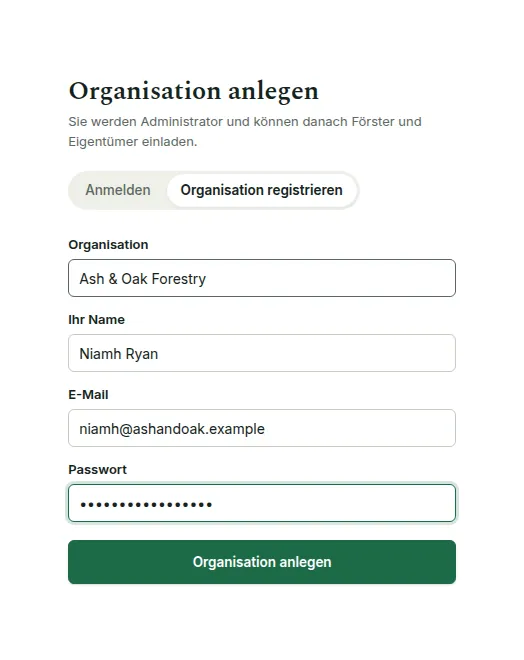 Das ausgefüllte Formular „Organisation registrieren“ mit Name der Organisation, Ihrem Namen, E-Mail und Passwort.