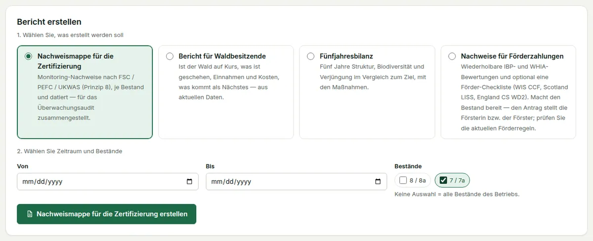 Berichte und Nachweise: die vier Berichtsarten als Auswahlkarten, Zeitraum und Bestände, und die Schaltfläche Erstellen.