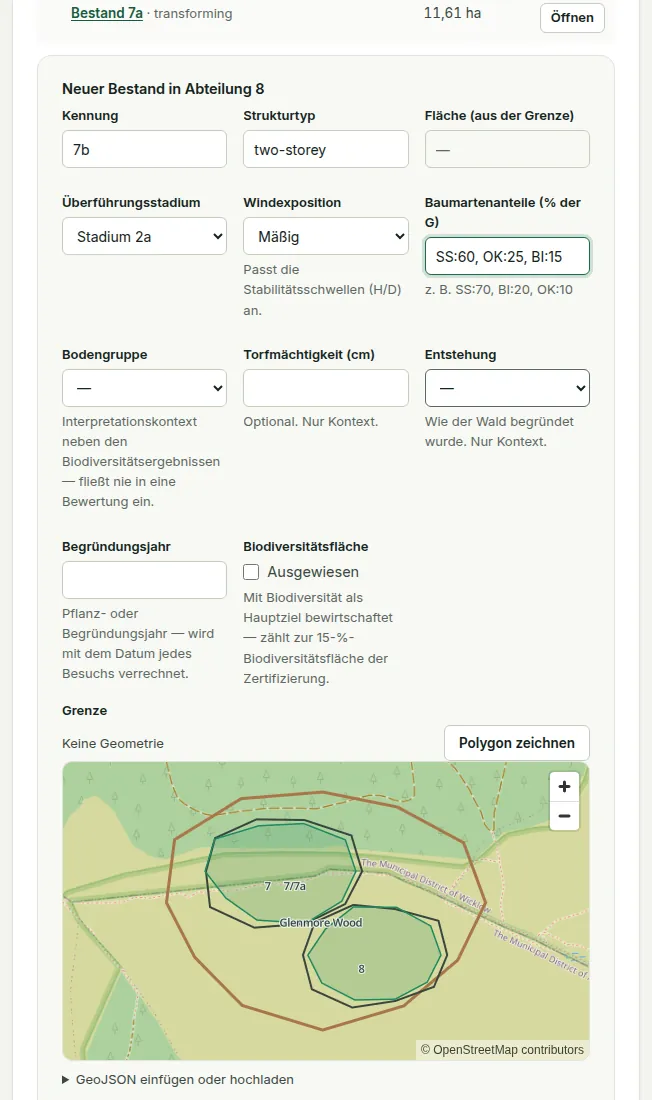 Das Formular „Neuer Bestand“: Kennung, Strukturtyp, Überführungsstadium, Windexponiertheit, Baumartenzusammensetzung, Bodengruppe, Torfmächtigkeit, Begründung, Begründungsjahr, Biodiversitätsfläche und Grenze.