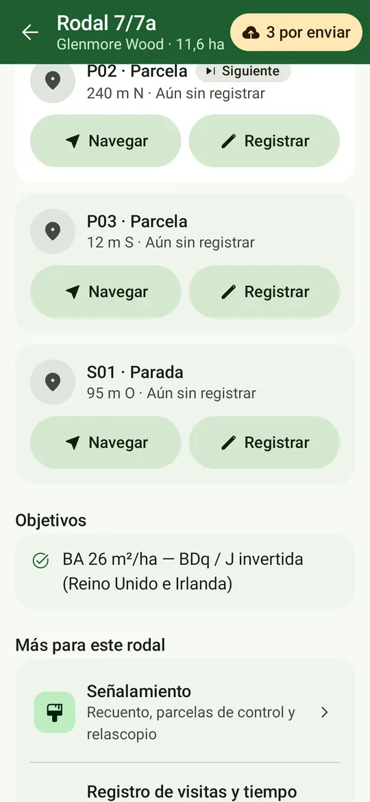 Más abajo en la pantalla del rodal: parcelas y puntos, los objetivos del rodal, y Señalamiento y Registro de visitas y tiempo.