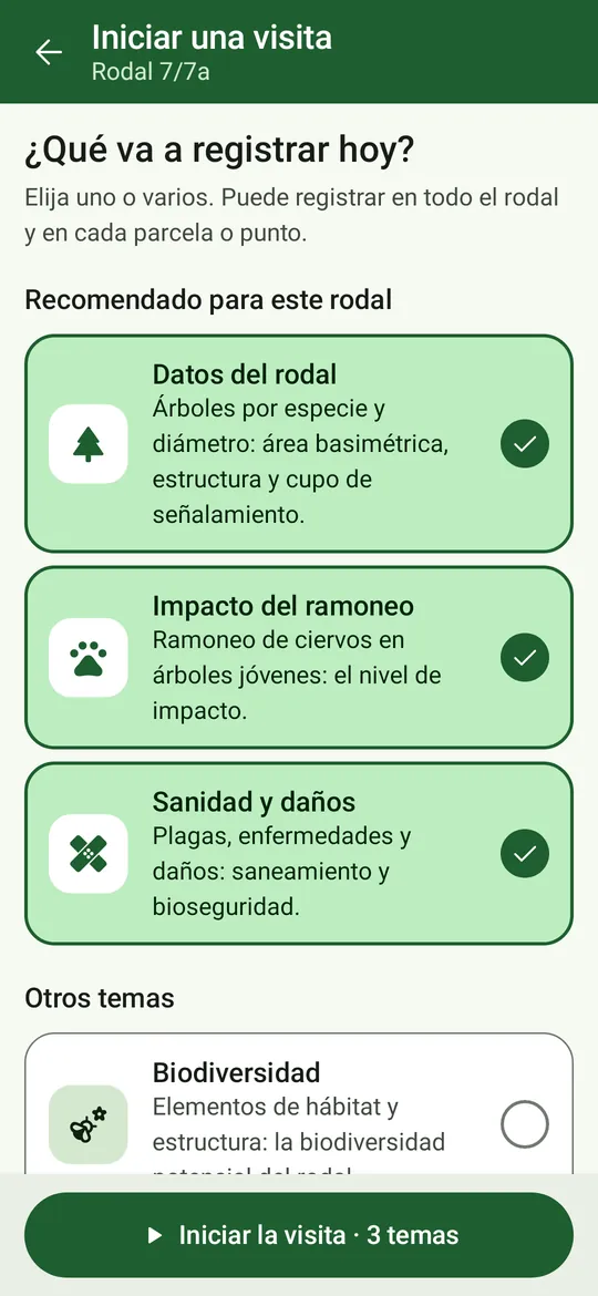 ¿Qué registrará hoy? Recuadros de temas con los recomendados para este rodal marcados primero, los demás temas debajo, e «Iniciar la visita · 3 temas».