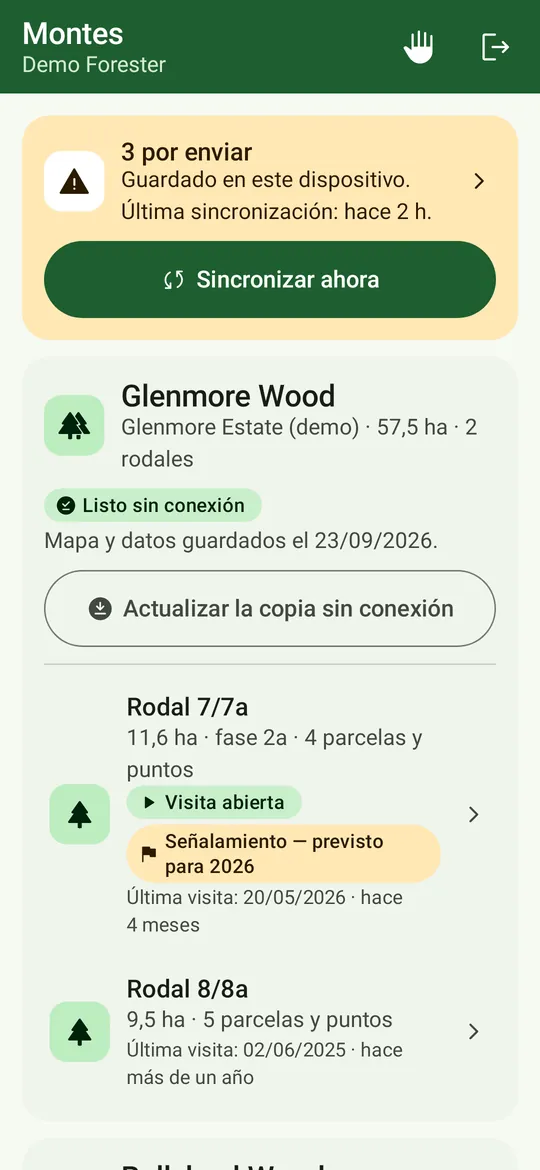 La lista de montes: una tarjeta de sincronización con 3 cambios por sincronizar y «Sincronizar ahora», Glenmore Wood lista sin conexión con «Actualizar copia sin conexión», y rodales con «Visita abierta», lo pendiente y la última visita.