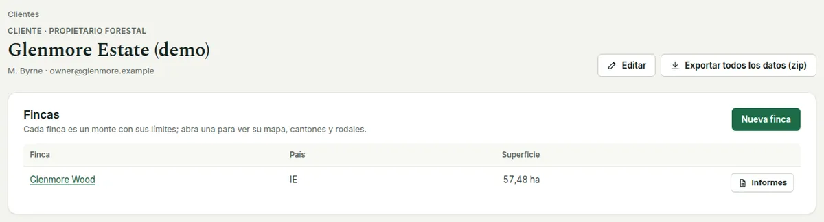 La cabecera de la página del cliente con los botones Editar y «Exportar todos los datos (zip)» sobre las fincas del cliente.