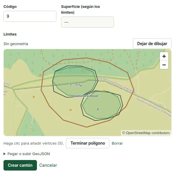 El formulario Nuevo cantón: un código, la superficie calculada a partir de su límite y un mapa para dibujar el límite con el contorno de la finca como contexto.