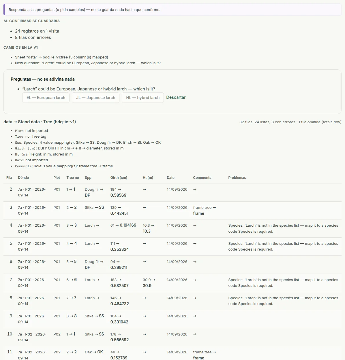 Una importación en revisión: el aviso de verificación, lo que guardaría la confirmación, preguntas con selectores y la tabla de vista previa con cada celda original junto a su valor convertido.