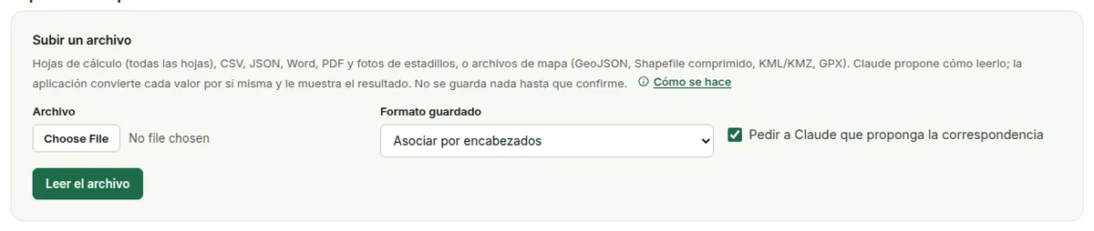 Importar cualquier cosa: elija un archivo, opcionalmente un formato guardado, marque «Pedir a Claude que proponga la correspondencia» y después «Leer el archivo».