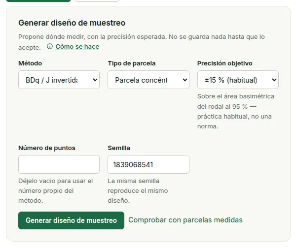 El panel «Generar diseño de muestreo»: método, diseño de parcela, precisión objetivo y semilla, con el botón «Generar diseño de muestreo».