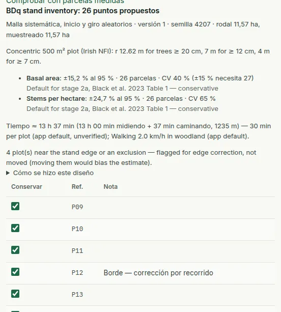 Un diseño propuesto: 26 parcelas en una malla sistemática con su semilla, la precisión esperada para el área basimétrica y los pies por hectárea, la estimación de tiempo, las parcelas de borde señaladas y las primeras filas de la tabla de parcelas que conservar.