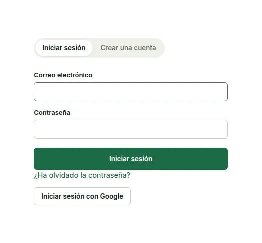 Inicio de sesión con Google Identity Platform: pestañas Iniciar sesión y Crear una cuenta, ¿Ha olvidado la contraseña? y un botón Iniciar sesión con Google.