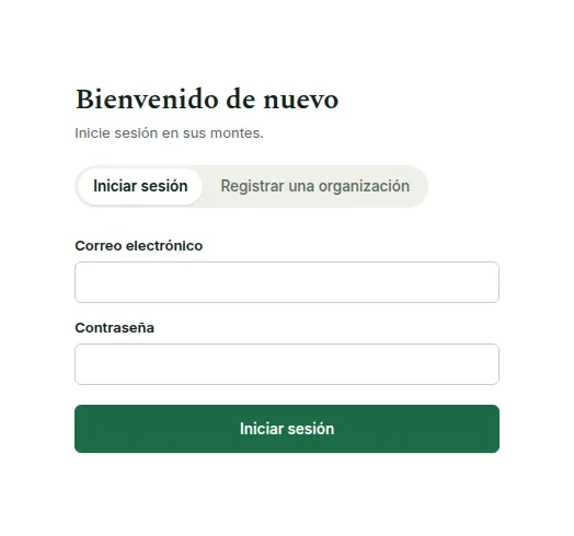 El formulario de inicio de sesión «Bienvenido de nuevo» con las pestañas Iniciar sesión y Registrar una organización, correo, contraseña y el botón Iniciar sesión.