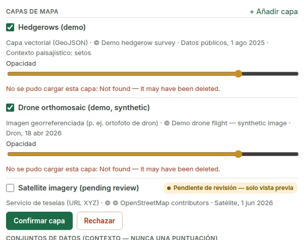 Capas de mapa de una finca: una capa vectorial de setos y un ortomosaico de dron con controles de opacidad, y una capa de satélite pendiente de revisión con «Confirmar capa» y «Rechazar».
