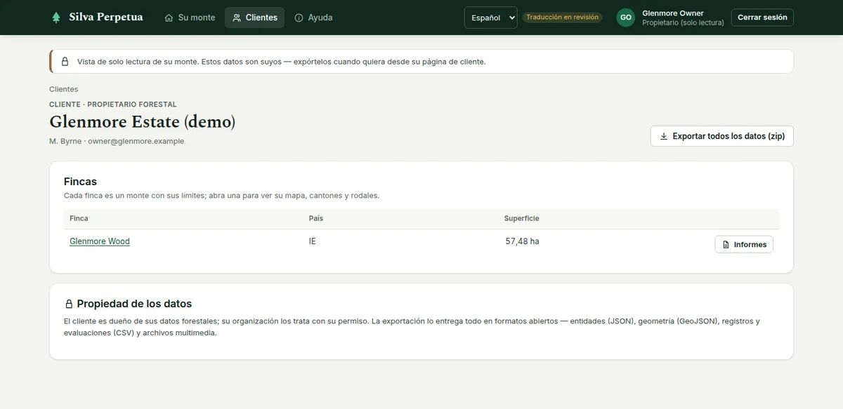 La página del cliente tal como la ve el propietario: «Exportar todos los datos (zip)» y la declaración de propiedad de los datos.