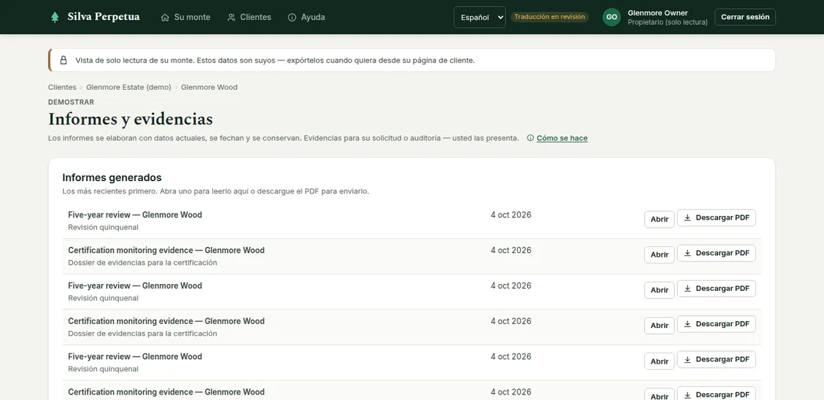 La página Informes y evidencias del propietario: los informes que ha generado el forestal, para abrir o descargar, sin controles de Generar.