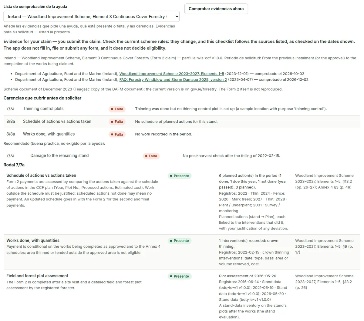 Evidencias para pagos con la lista de comprobación de la ayuda WIS CCF: cada elemento que pide la ayuda con su estado (presente, parcial, falta o fuera de la aplicación), su fuente y las carencias.