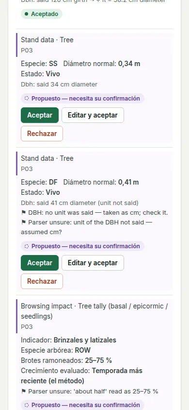 Propuestas de voz en un teléfono: cada registro propuesto es una tarjeta con sus valores y Aceptar, Editar y aceptar y Rechazar.