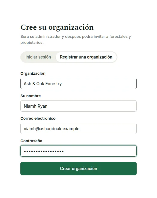 El formulario «Registrar una organización» rellenado con el nombre de la organización, su nombre, correo y contraseña.