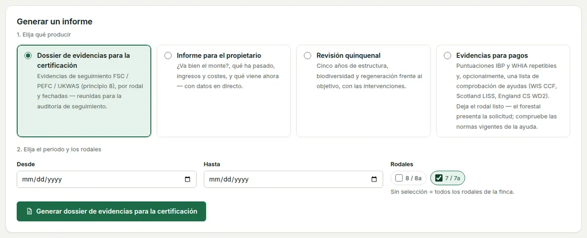 Informes y evidencias: los cuatro tipos de informe como tarjetas de opción, el periodo y los rodales, y el botón Generar.