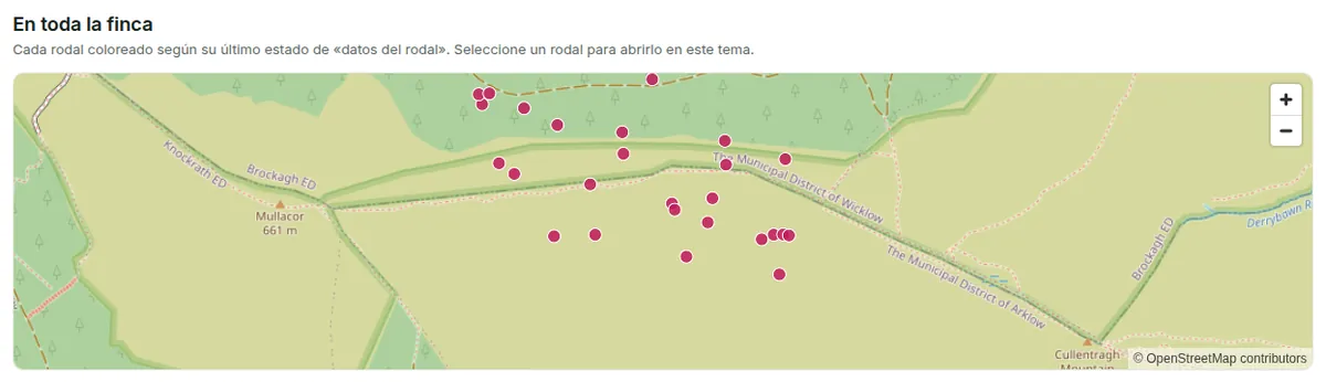 En toda la finca: cada rodal coloreado según su último estado para el tema, y las parcelas medidas en la visita seleccionada.