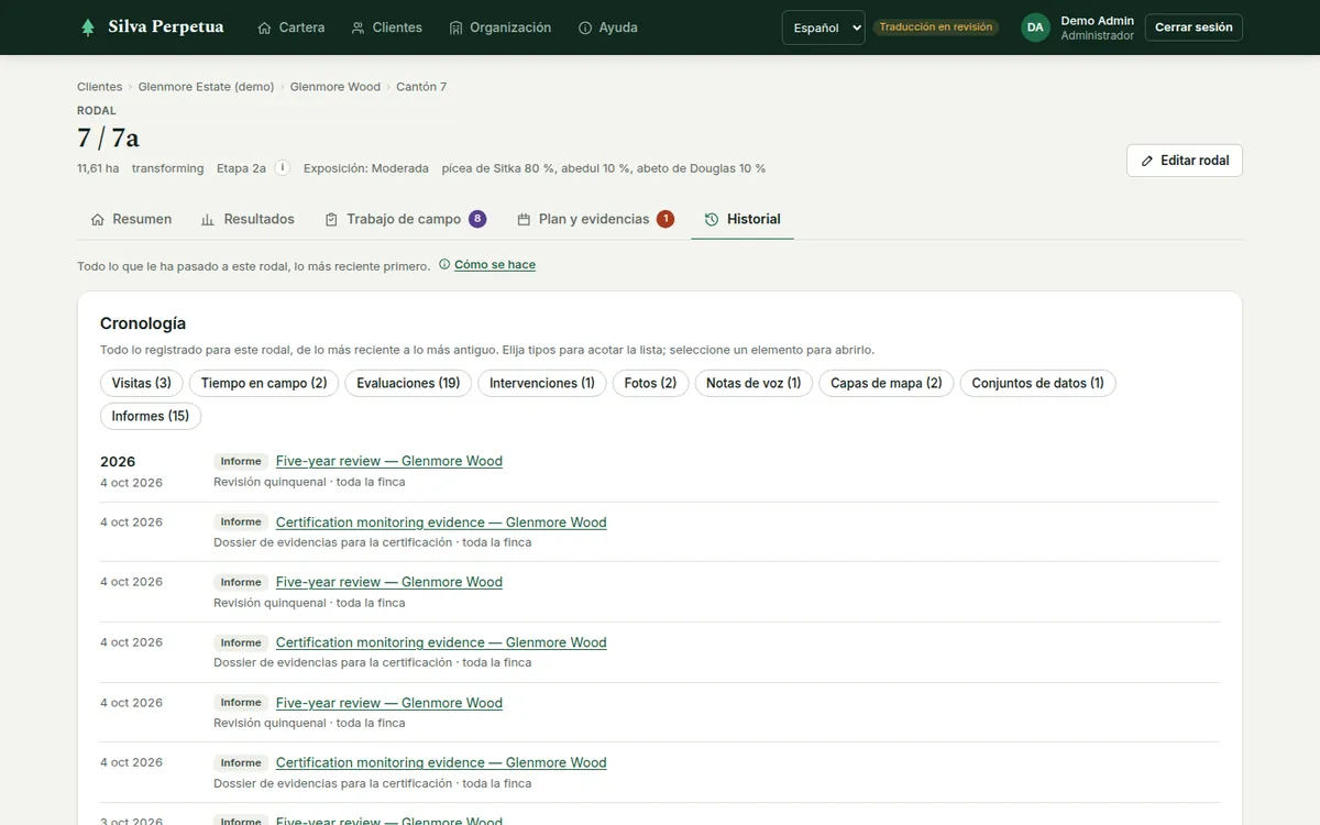 Historial: la cronología del rodal, de lo más reciente a lo más antiguo, con etiquetas para mostrar solo algunos tipos de evento.