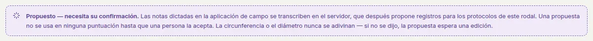 La cabecera de la página Notas de voz: «Propuesto — requiere su confirmación»; nada cuenta hasta que lo acepte.