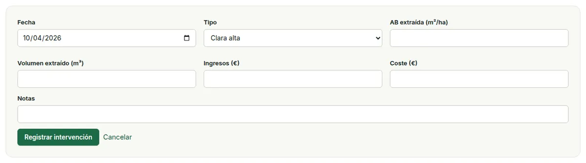 Registrar una intervención: fecha, tipo, área basimétrica y volumen extraídos, ingresos y costes, y notas.