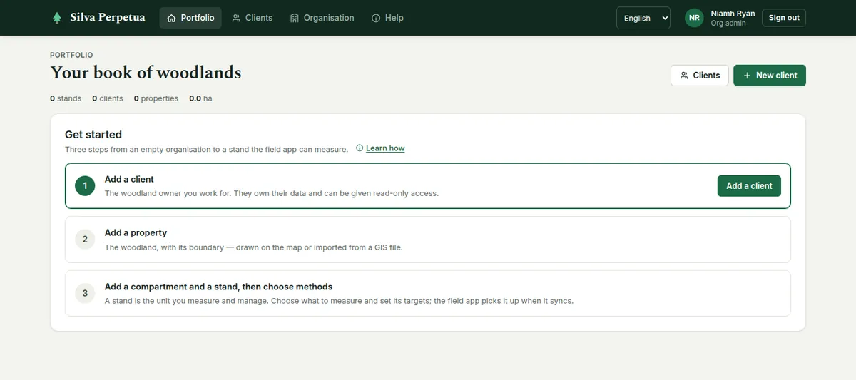 A brand-new organisation lands on the portfolio with a three-step Get started checklist: add a client, add a property, add a stand and choose methods.