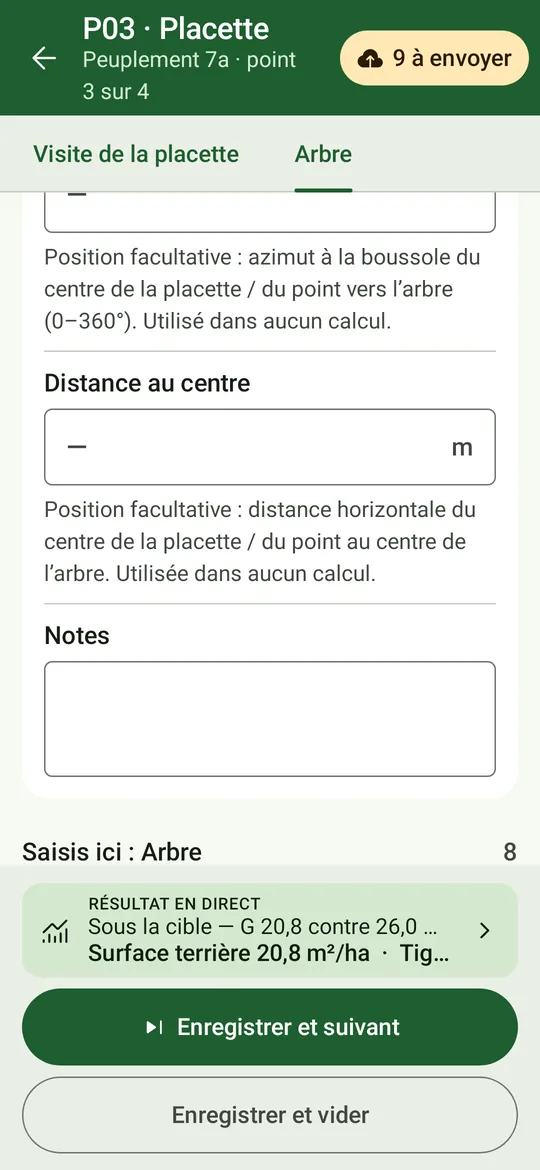 Les arbres relevés sur cette placette, chacun avec son état de synchronisation et ses icônes de modification et de suppression.