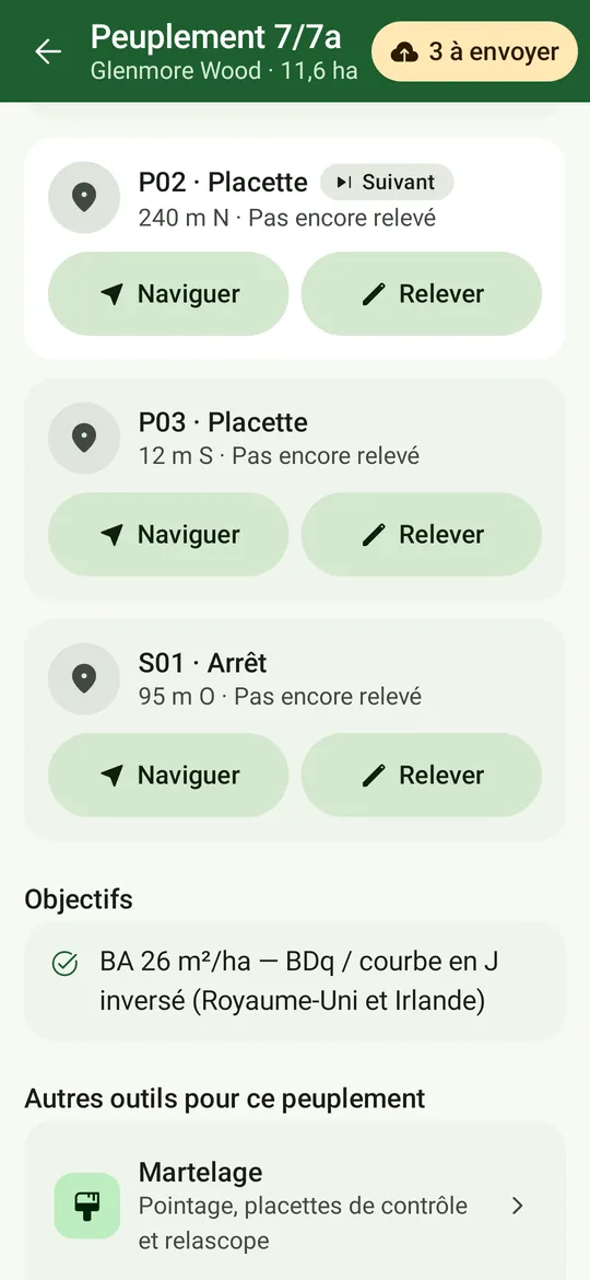 Plus bas sur l’écran du peuplement : placettes et points, les objectifs du peuplement, et Martelage et Journal des visites et du temps.