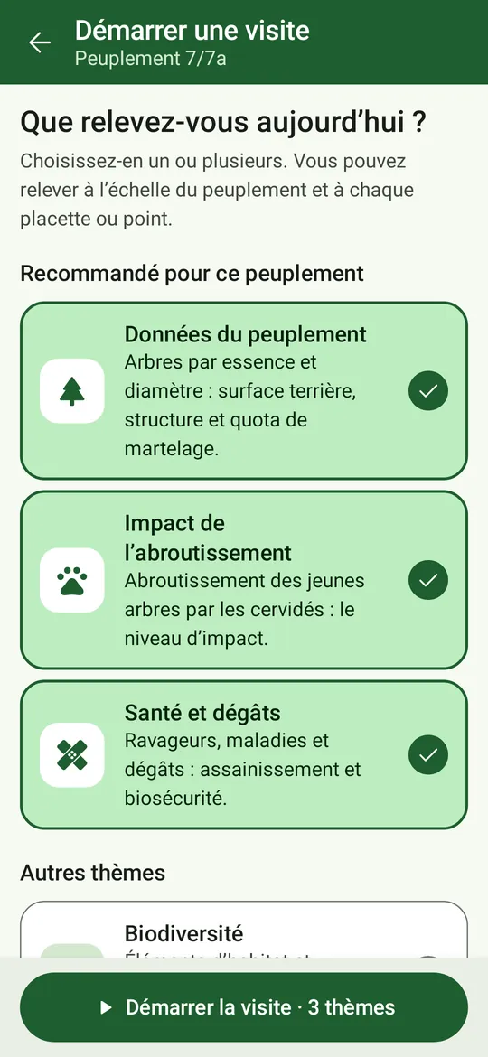 Que relèverez-vous aujourd’hui ? Des tuiles de thèmes, celles recommandées pour ce peuplement cochées en premier, les autres thèmes en dessous, et « Démarrer la visite · 3 thèmes ».