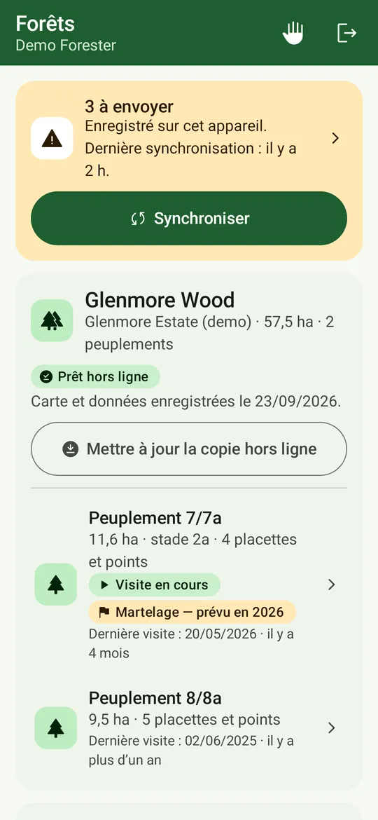 La liste des forêts : une carte de synchronisation avec 3 modifications à synchroniser et « Synchroniser », Glenmore Wood prête hors ligne avec « Mettre à jour la copie hors ligne », et des peuplements avec « Visite ouverte », ce qui est à faire et la dernière visite.