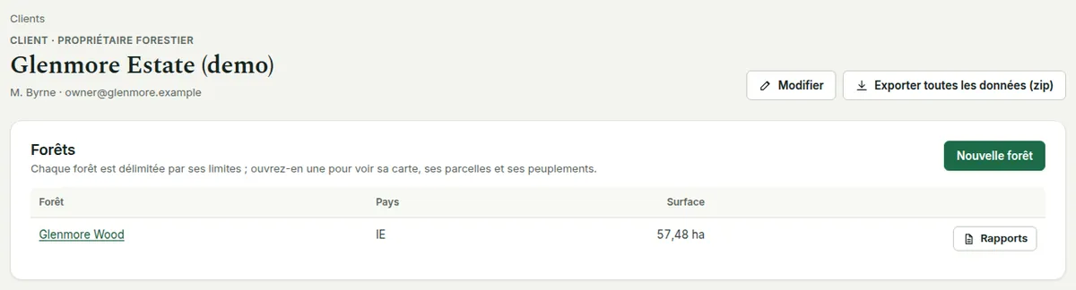 L’en-tête de la page du client avec les boutons Modifier et « Exporter toutes les données (zip) » au-dessus des forêts du client.