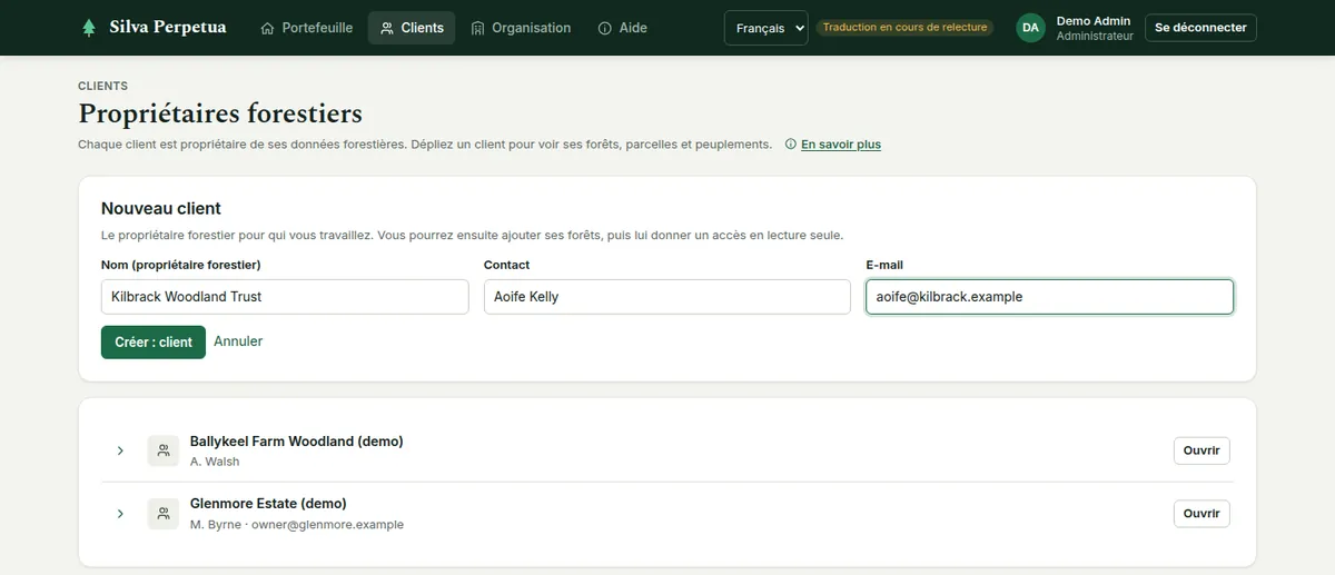 La page Clients avec le formulaire Nouveau client ouvert : nom, contact et e-mail du propriétaire forestier.