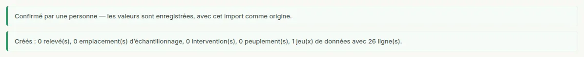 Un import confirmé devenu jeu de données : ce qui a été créé, et les relevés de tirs de cervidés affichés comme contexte.