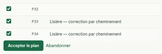 La fin du tableau des placettes proposées, avec les placettes de lisière signalées pour correction sur le terrain, et les boutons « Accepter le plan » et « Abandonner ».