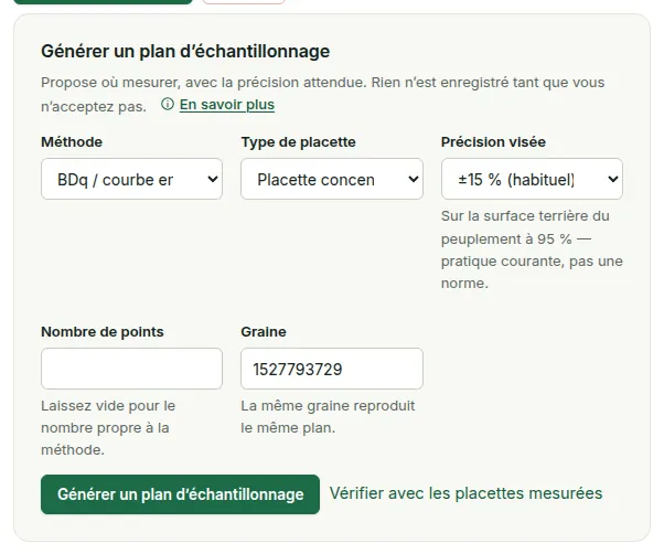 Le panneau « Générer un plan d’échantillonnage » : méthode, dispositif de placette, précision visée et graine, avec le bouton « Générer un plan d’échantillonnage ».