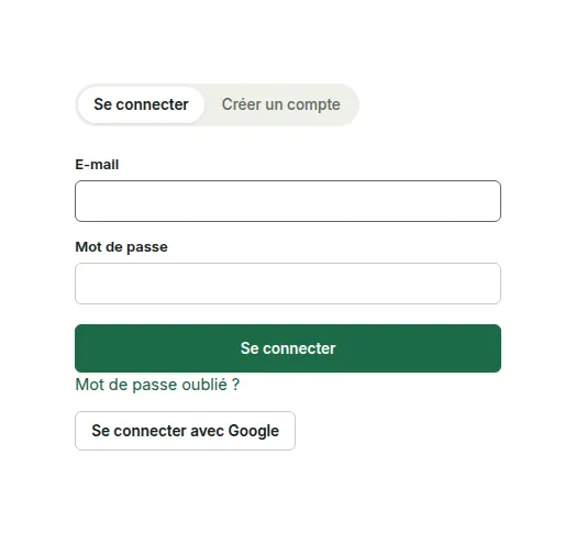 Connexion avec Google Identity Platform : onglets Se connecter et Créer un compte, Mot de passe oublié et un bouton Se connecter avec Google.