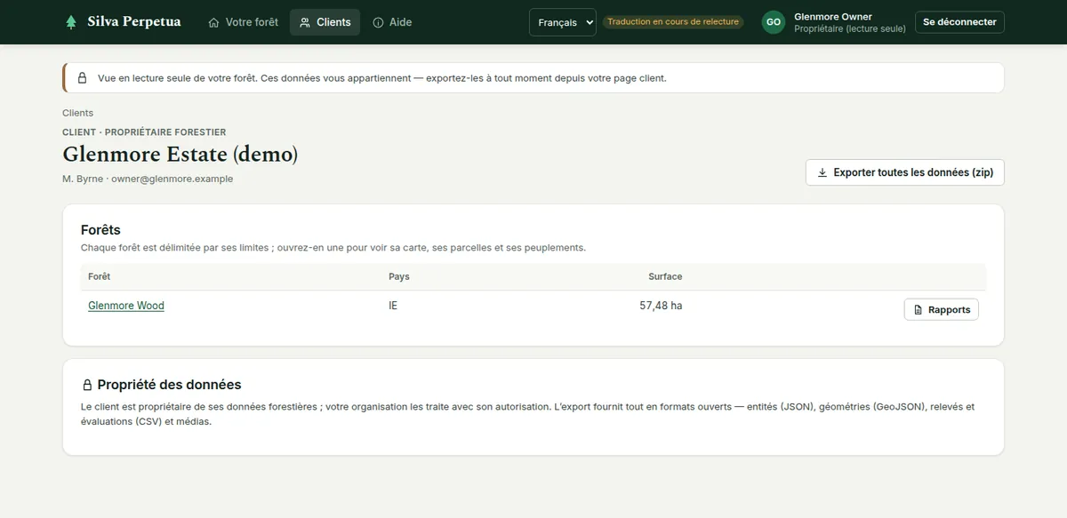 La page du client telle que la voit le propriétaire : « Exporter toutes les données (zip) » et la déclaration de propriété des données.