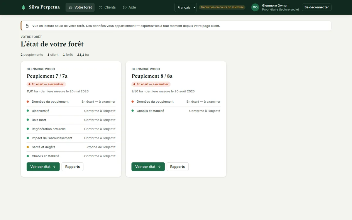 La page d’accueil du propriétaire, « L’état de votre forêt » : une carte par peuplement en mots simples avec la dernière visite et ce qui est prévu ensuite.
