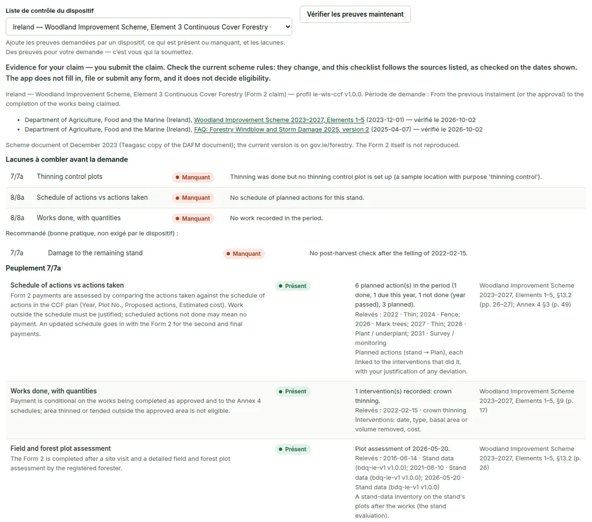Preuves pour les paiements avec la liste de contrôle du dispositif WIS CCF : chaque élément demandé par le dispositif avec son état (présent, partiel, manquant ou hors de l’application), sa source et les lacunes.