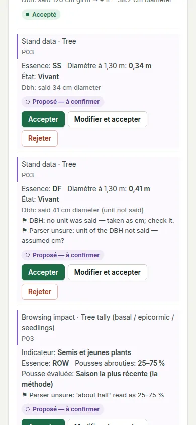 Propositions vocales sur un téléphone : chaque relevé proposé est une carte avec ses valeurs et Accepter, Modifier et accepter et Rejeter.