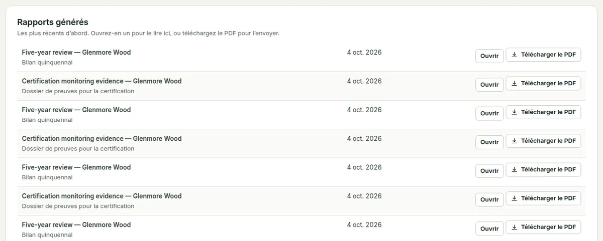 Rapports générés, du plus récent au plus ancien, chacun avec Ouvrir et Télécharger le PDF.