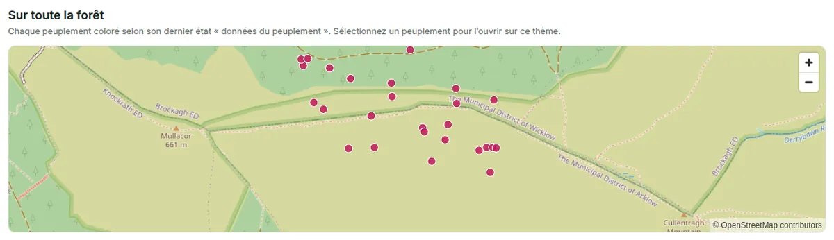 Sur toute la forêt : chaque peuplement coloré selon son dernier état pour le thème, et les placettes mesurées lors de la visite sélectionnée.