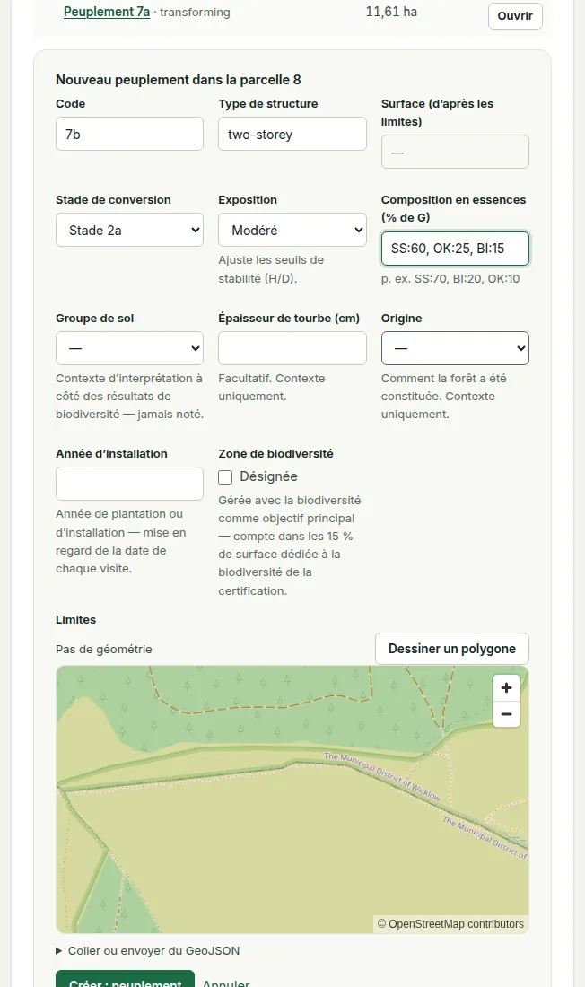 Le formulaire Nouveau peuplement : code, type de structure, stade de transformation, exposition, composition en essences, groupe de sols, épaisseur de tourbe, mode d’installation, année d’installation, zone de biodiversité et limite.