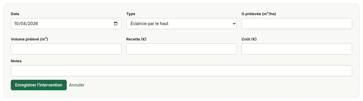 Enregistrement d’une intervention : date, type, surface terrière et volume prélevés, recettes et coûts, et notes.