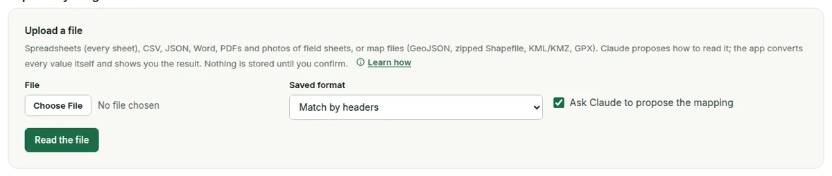 Import anything: choose a file, optionally a saved format, tick Ask Claude to propose the mapping, then Read the file.