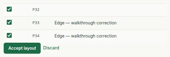 The end of the proposed-plot table with edge plots flagged for walkthrough correction, and the Accept layout and Discard buttons.